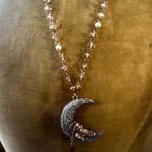 Betsy Johnson Bear ISilver Crescent Moon Pendant Necklace with Pink Beaded Chain